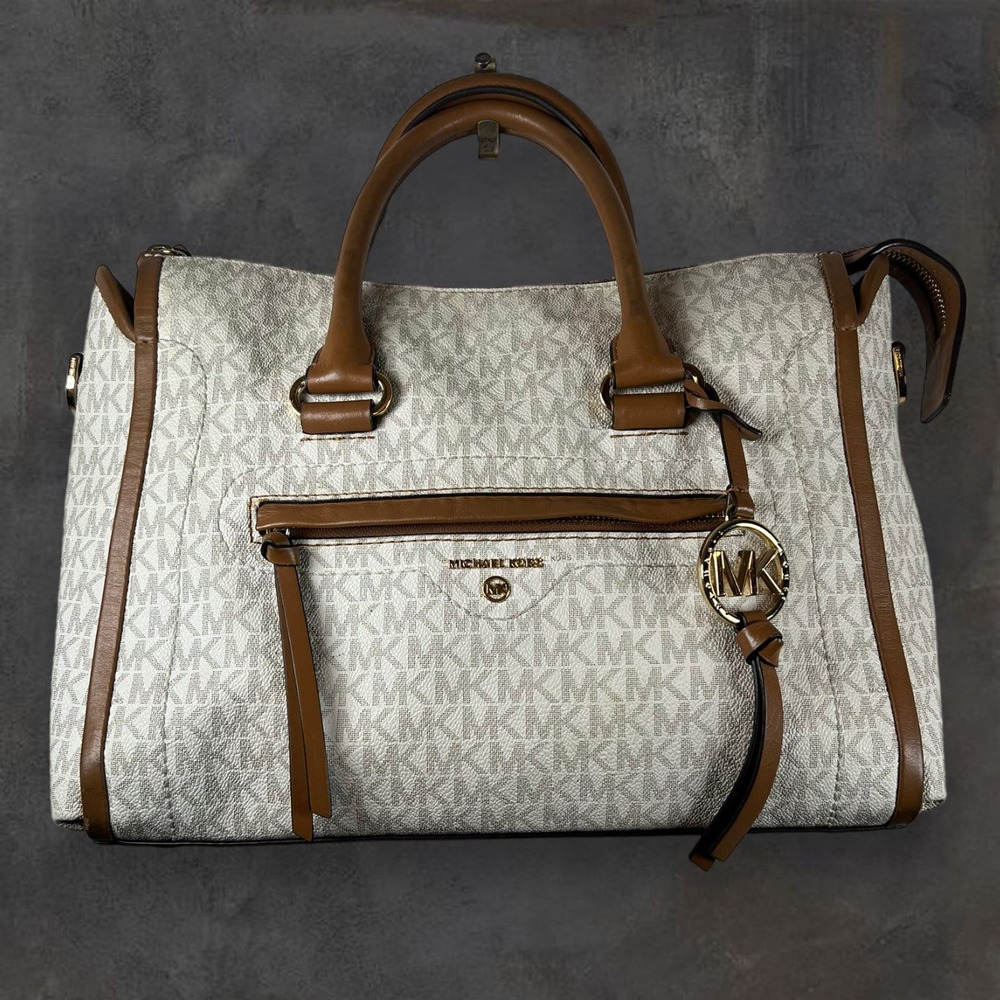 Michael Kors Cream and Brown Signature Satchel
